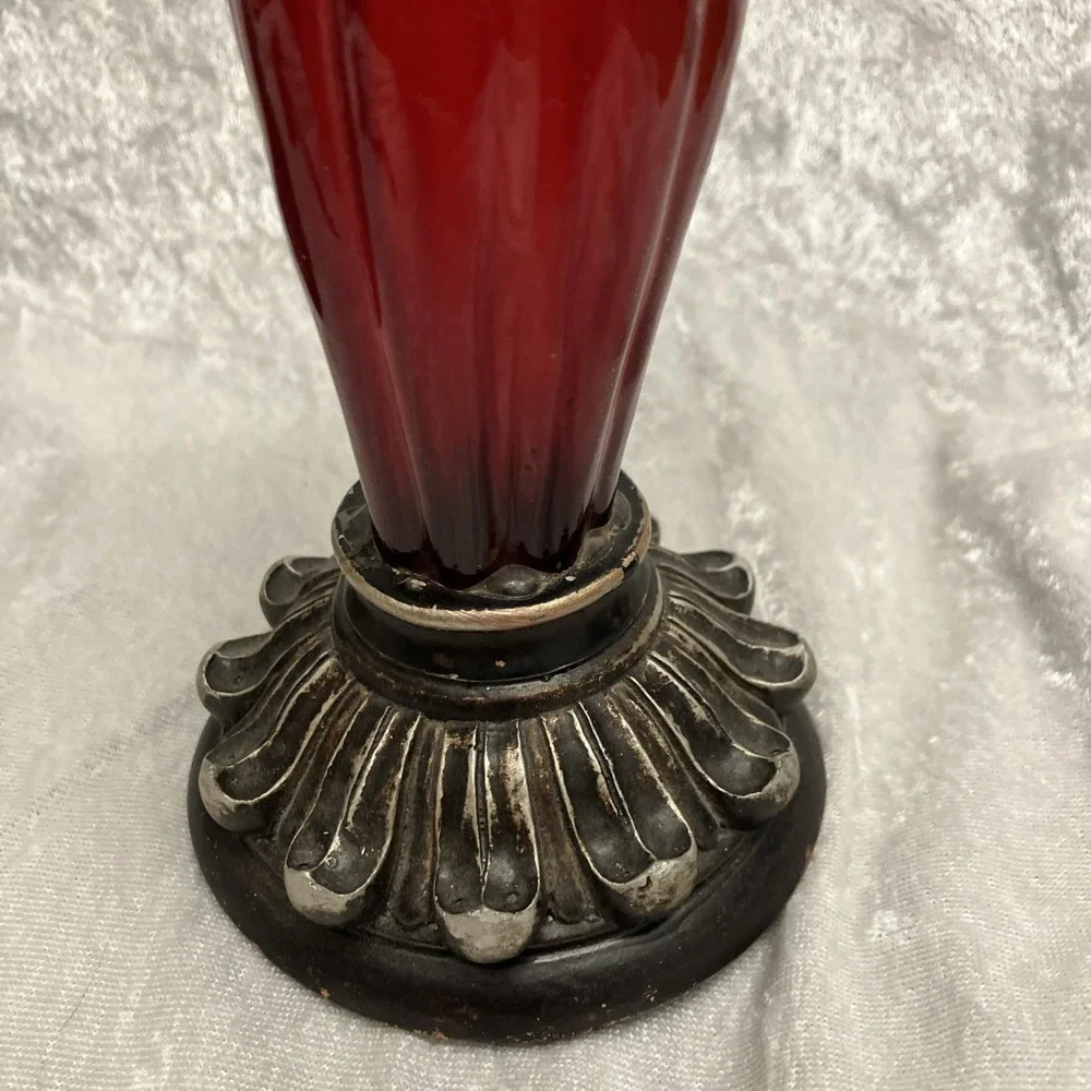 Lot of 2 Pillar Candle Holders, Red Ornate Glass Art Deco & Antiqued Brown Wood